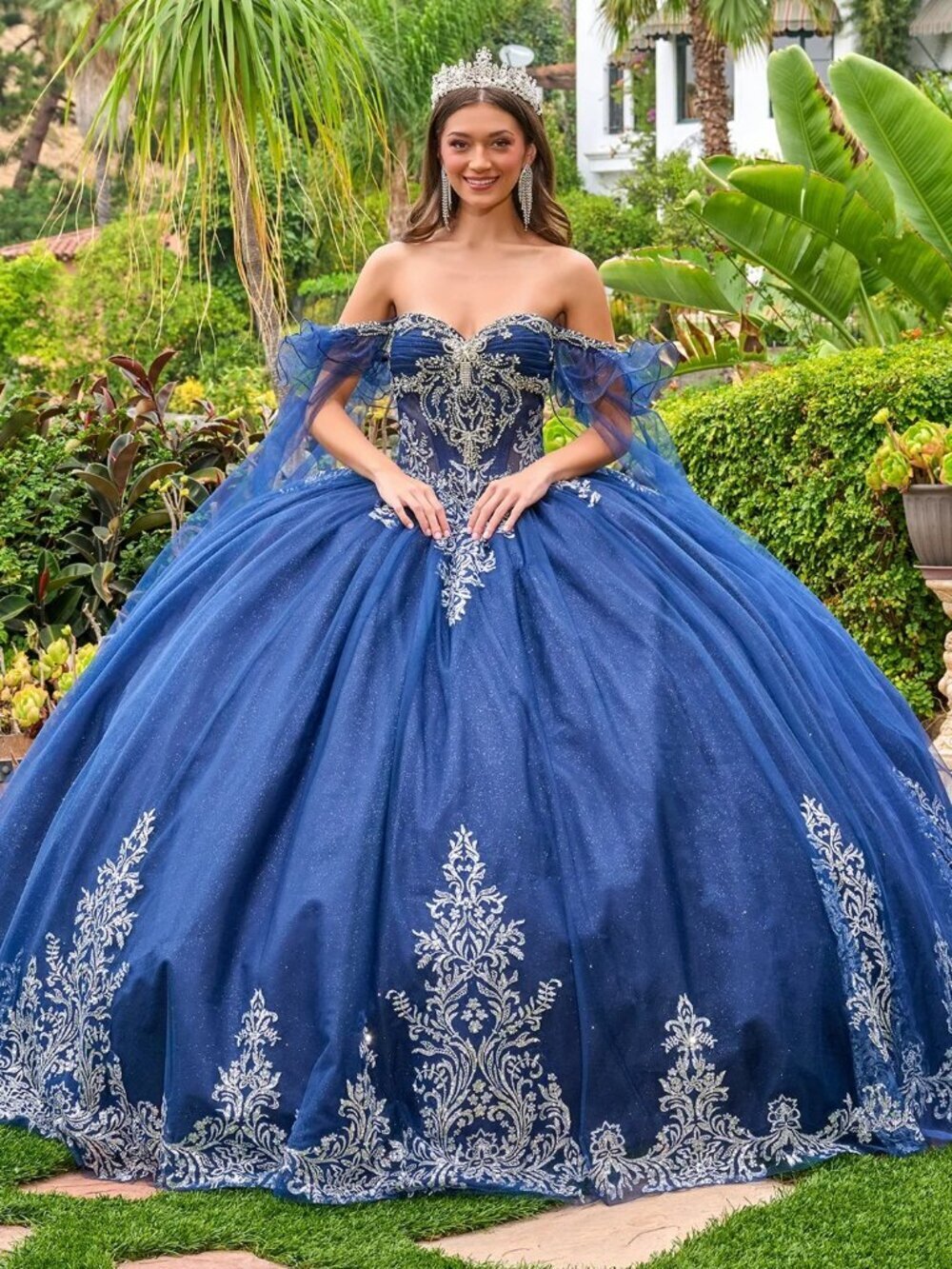 New Navy Off The Shoulder Festive Quinceanera Gown w/ Layered Skirt GL3752